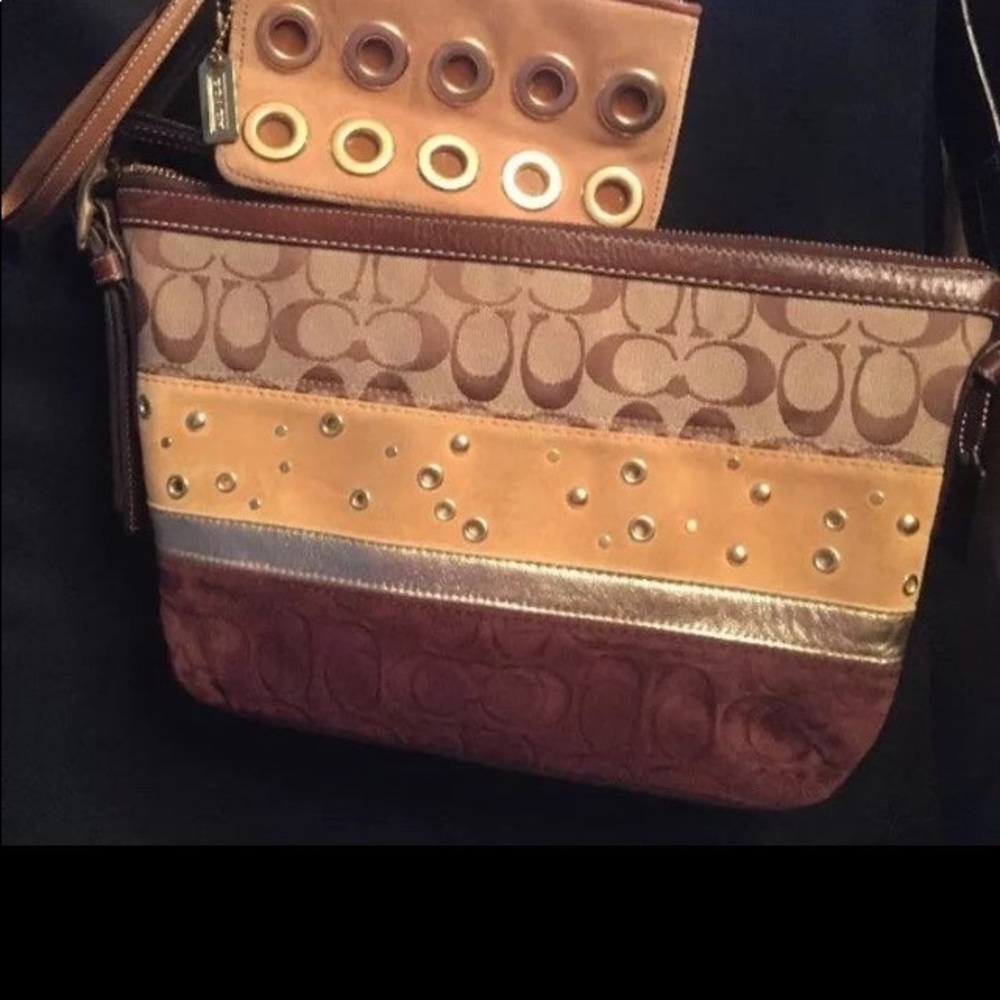 Coach Patchwork Suede Gold Grommet Tote+bag+wallet - Picture 6 of 8